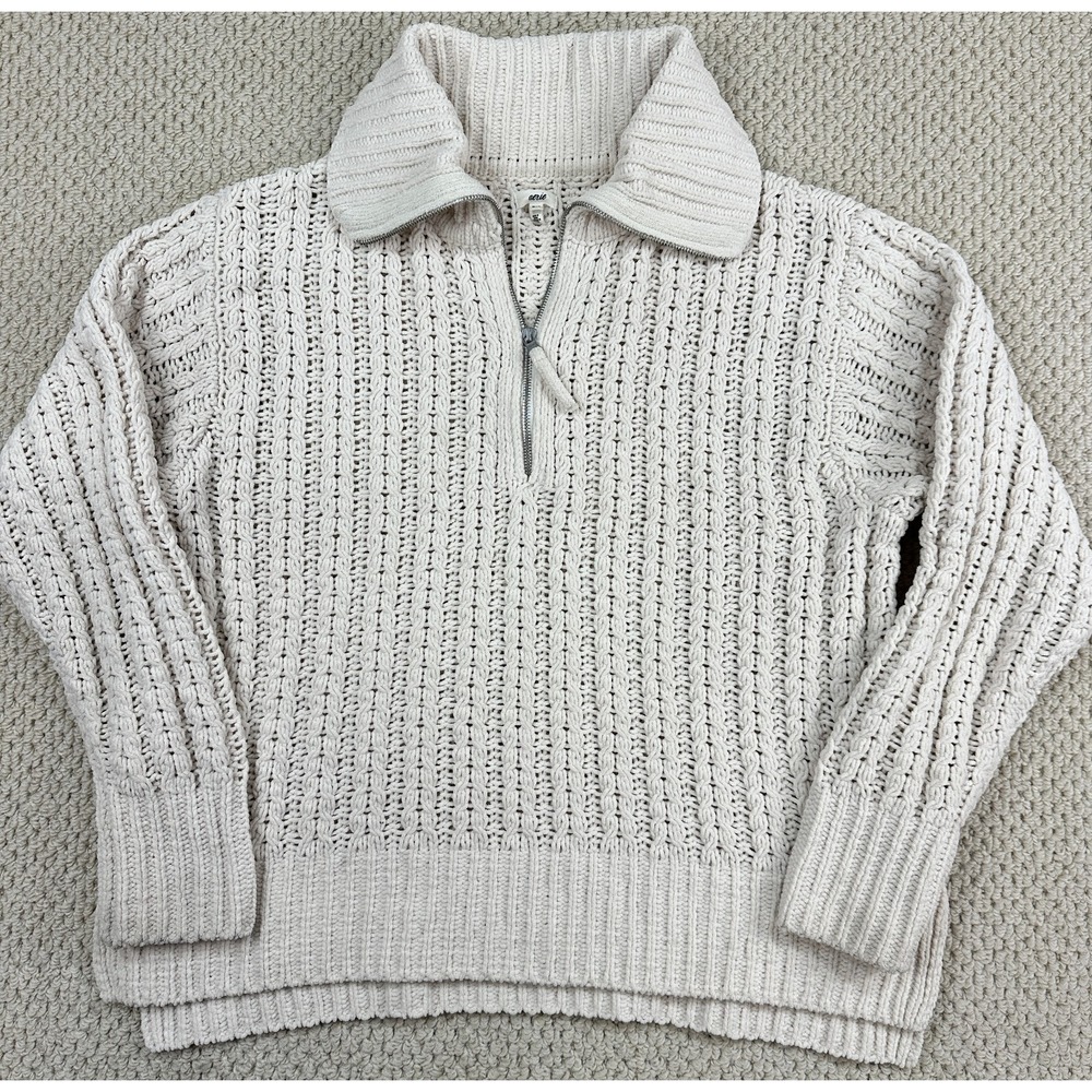 Aerie 1/4 Zip Sweater Women M Toasted Coconut Oversize Chunky Chenille Cable Car